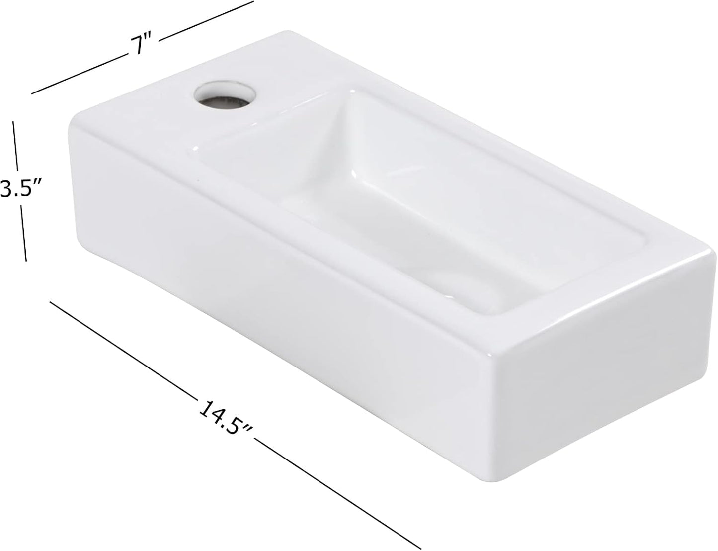 Kichae Wall Mount Hang Small Vessel Sink - 15in  x 7in  Modern Floating Bathroom Rectangle Above Counter White Porcelain Ceramic Vessel Vanity Sink with Faucet Hole