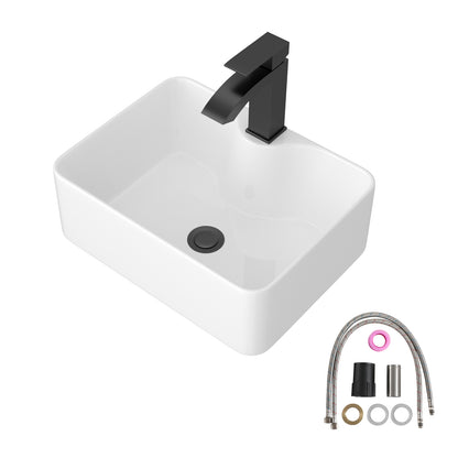 Kichae 16×12 Inch White Rectangular Ceramic Vessel Sink Complete Set with Matte Black Faucet, Pop-Up Drain & Supply Lines