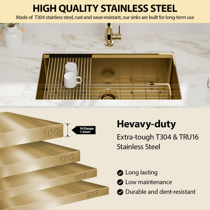 Kichae 36 Inch Gold Undermount Workstation Kitchen Sink 16 Gauge T304 Stainless Steel