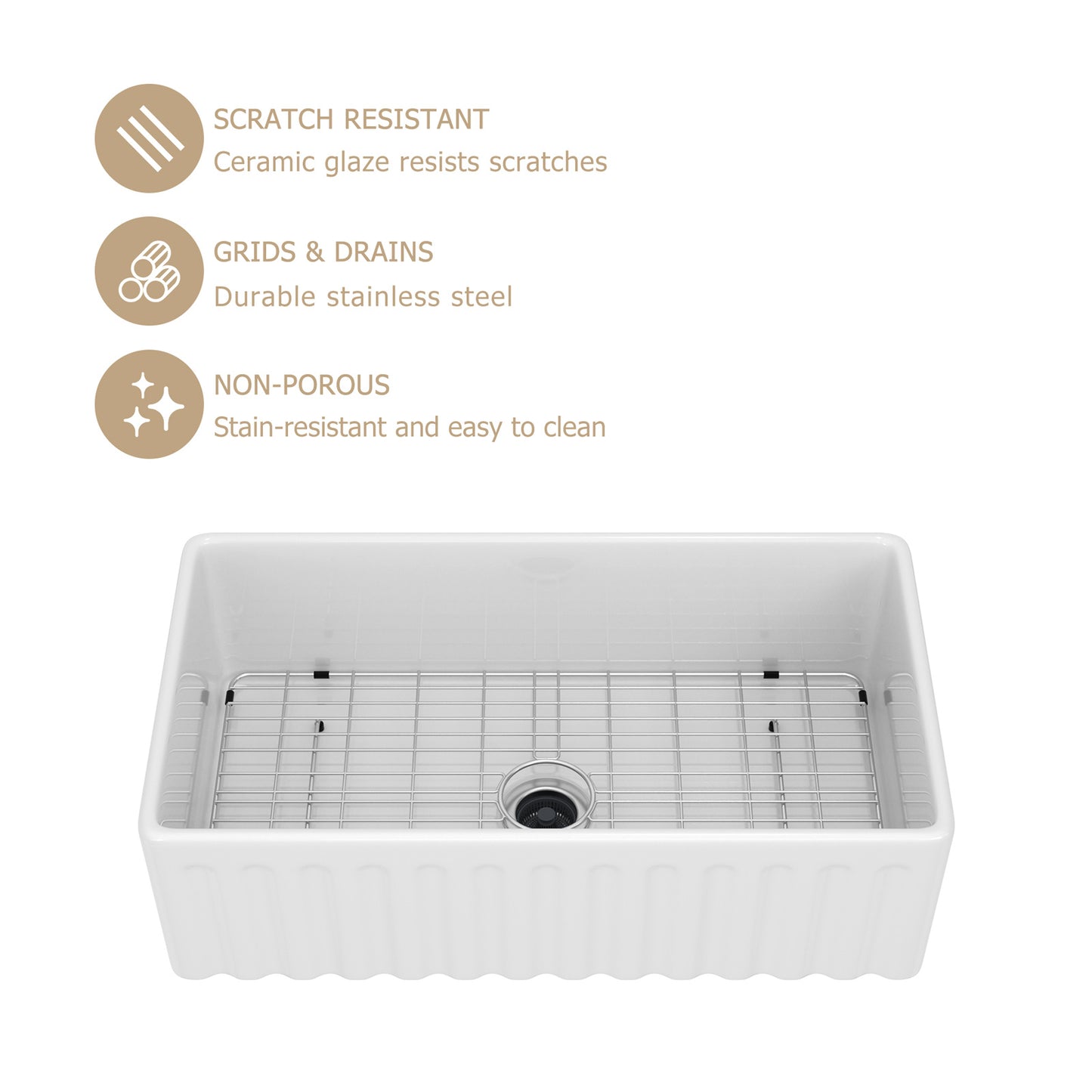 Kichae 33'' x 18'' Reversible White Fireclay Farmhouse Kitchen Sink, Single Bowl Apron Front Sink with Basin Rack & Drain Assembly