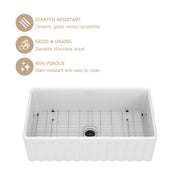 Kichae 33'' x 18'' Reversible White Fireclay Farmhouse Kitchen Sink, Single Bowl Apron Front Sink with Basin Rack & Drain Assembly Kichae USA