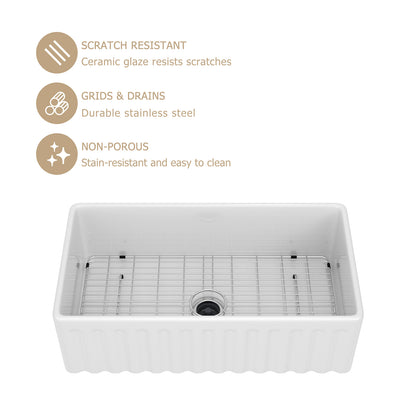 Kichae 33'' x 18'' Reversible White Fireclay Farmhouse Kitchen Sink, Single Bowl Apron Front Sink with Basin Rack & Drain Assembly