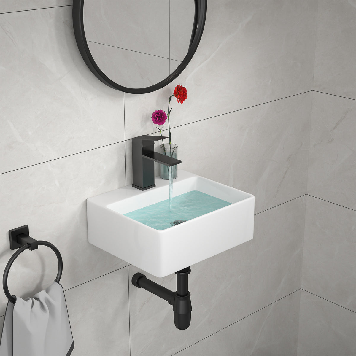 Kichae 13 x 11 Inch Wall Mount White Ceramic Vessel Sink Bathroom Sink with Faucet Hole