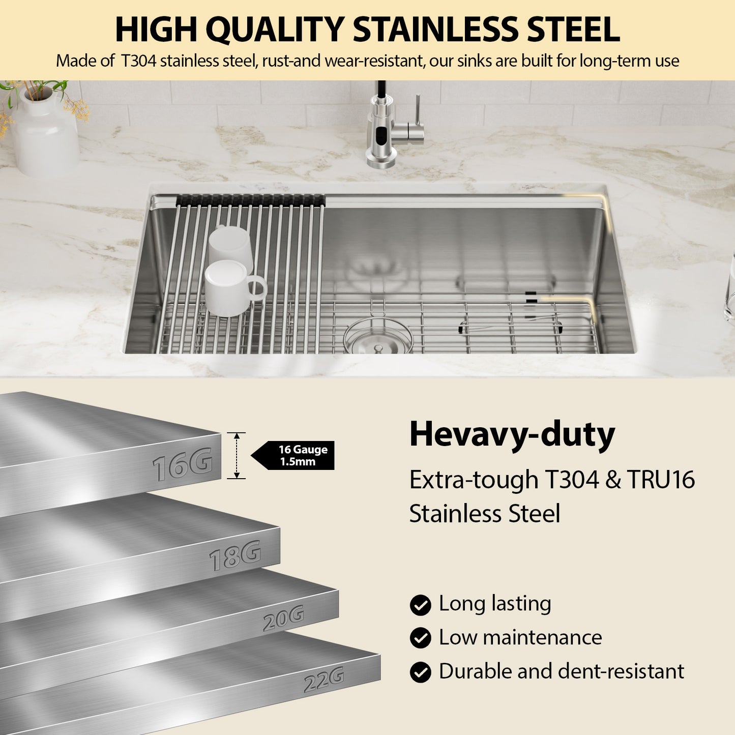 Kichae 32 Inch Undermount Workstation Kitchen Sink 16‑Gauge Stainless Steel Single Bowl Sink with Cutting Board and Colander