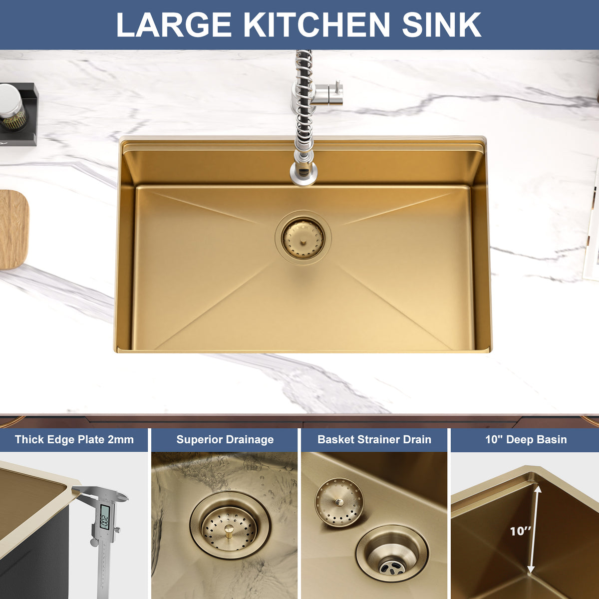 Kichae 30x19 Inch Gold Undermount Workstation Kitchen Sink 16 Gauge Stainless Steel Single Bowl Kitchen Sink With Full Accessories