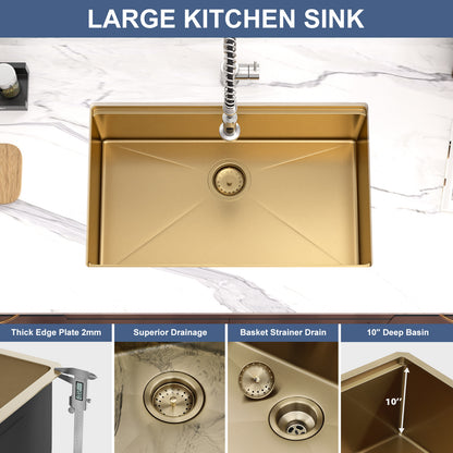 Kichae 30x19 Inch Gold Undermount Workstation Kitchen Sink 16 Gauge Stainless Steel Single Bowl Kitchen Sink With Full Accessories
