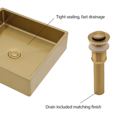 Kichae Stainless Steel Gold Vessel Sink Rectangular 15in x 15in Bathroom Vanity Sink Rectangular Above Couter Art Basin