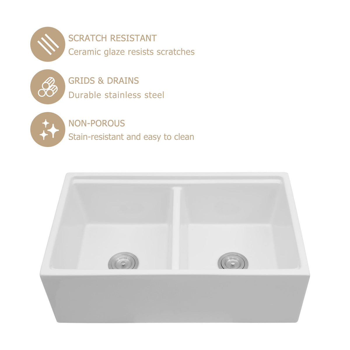 Kichae 33 Inch White Fireclay Farmhouse Workstation Sink Double Bowl Apron Front Kitchen Sink with Full Accessories Kichae USA