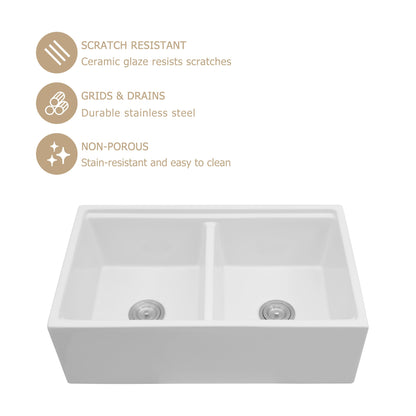 Kichae 33 Inch White Fireclay Farmhouse Workstation Sink Double Bowl Apron Front Kitchen Sink with Full Accessories Kichae USA