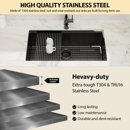 Kichae 30'' x 19'' Gunmetal Black Undermount Workstation Kitchen Sink 16 Gauge Stainless Steel Single Bowl Sink with Full Workstation Accessories