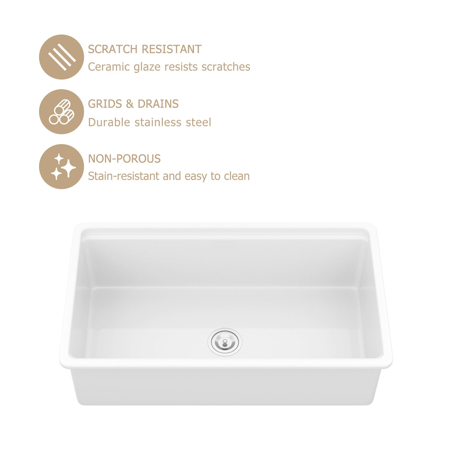 Kichae 33" x 19" White Fireclay Undermount Workstation Kitchen Sink Single Bowl Sink with Full Accessories