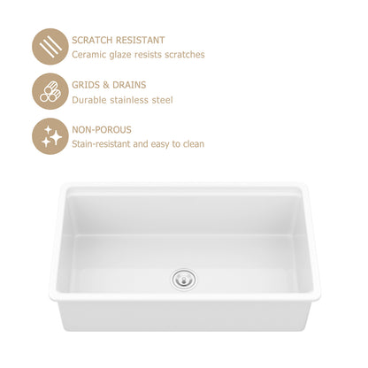 Kichae 33" x 19" White Fireclay Undermount Workstation Kitchen Sink Single Bowl Sink with Full Accessories