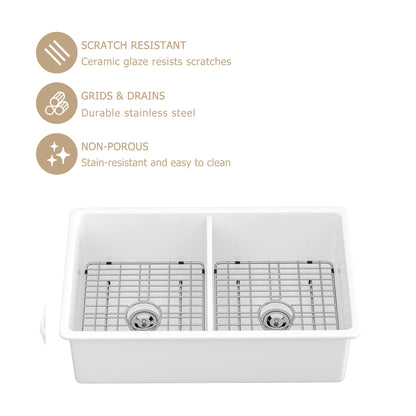 Kichae 32 Inch White Fireclay Dual Mount Kitchen Sink 50/50 Double Bowl Basin
