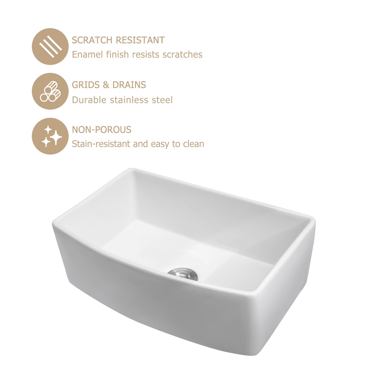 Kichae 33" x 19" White Fireclay Farmhouse Kitchen Sink Apron Front Single Bowl Sink