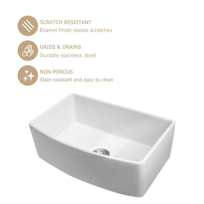Kichae 33" x 19" White Fireclay Farmhouse Kitchen Sink Apron Front Single Bowl Sink