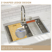 Kichae 33x22 Drop?In Workstation Kitchen Sink T304 16?Gauge Stainless Steel Single Bowl Z?Shape Topmount Sink with Accessories Kichae USA