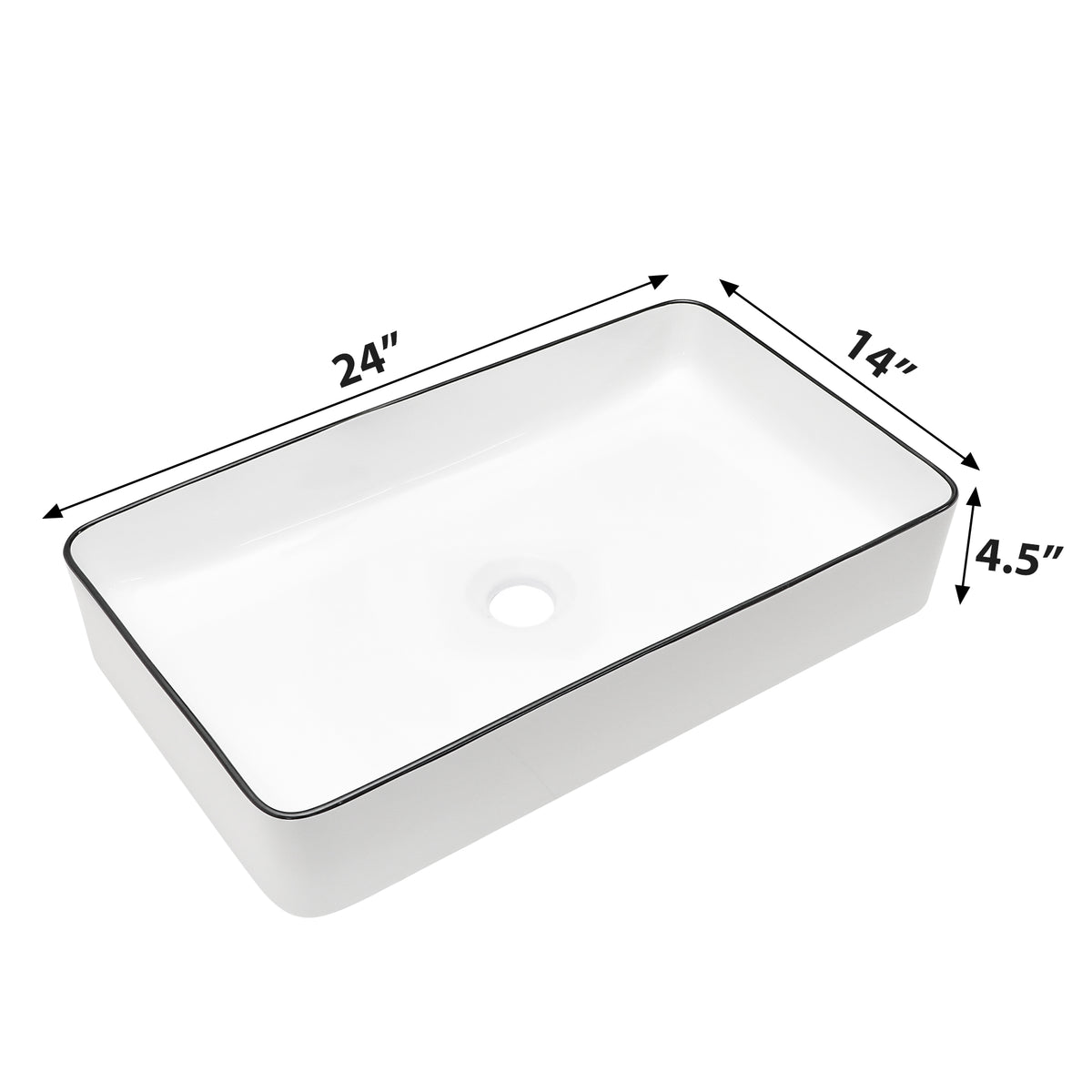 Kichae 24" x 14" White Rectangular Vessel Bathroom Sink with Black Rim, Above Counter Ceramic Vanity Sink