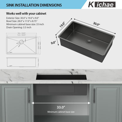 Kichae 30 Black Undermount Kitchen Sink - 30 inch Undermount Sink 18 Gauge Gunmetal Black Stainless Steel Deep Handmade Single Bowl Sink Basin