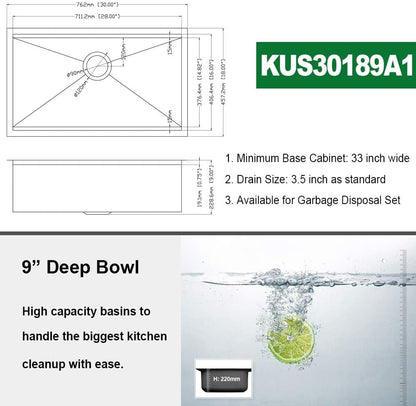 Kichae 30 Kitchen Sink Undermount - 30x18 Undermount Sink Ledge Workstation 16 Gauge Stainless Steel Deep Single Bowl Under Counter Kitchen Sink Handmade Basin