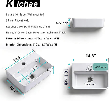 Kichae 14'' x10'' White Wall Mount Floating Vessel Sink Rectangular Ceramic Bathroom Vanity Sink with Faucet Hole