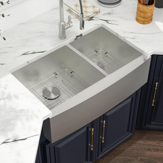 Kichae 36 Double Farmhouse Sink - 36 Inch Kitchen Sink Double Bowl 60/40 Stainless Steel Apron Front Farm Kitchen Sink Farmer Sink