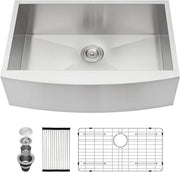 Kichae 33 Inch Farmhouse Apron Front Kitchen Sink 33x20 Inch T304 Stainless Steel 16 Gauge Single Bowl Rear Center Drain Handmade Farmer Sink with Accessories Kichae USA