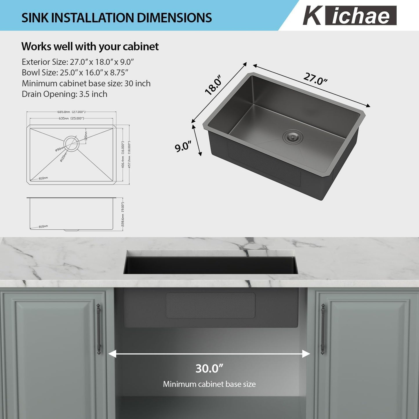 Kichae 27 Black Undermount Kitchen Sink - 27 x 18 Undermount Sink 16 Gauge Gunmetal Black Stainless Steel Deep Single Bowl Sink Handmade Basin Round Corner