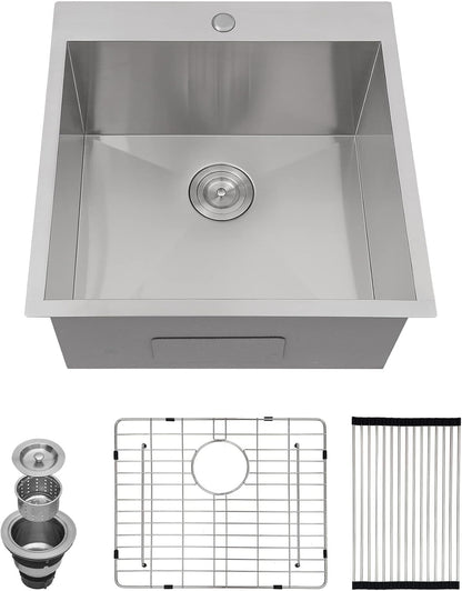 Kichae Drop In Laundry Sink - 22x22x12 Kitchen Sink Drop In 12 Inch Deep Sink T304 Stainless Steel Topmount Handmade Single Bowl RV Laundry Sink with Accessories