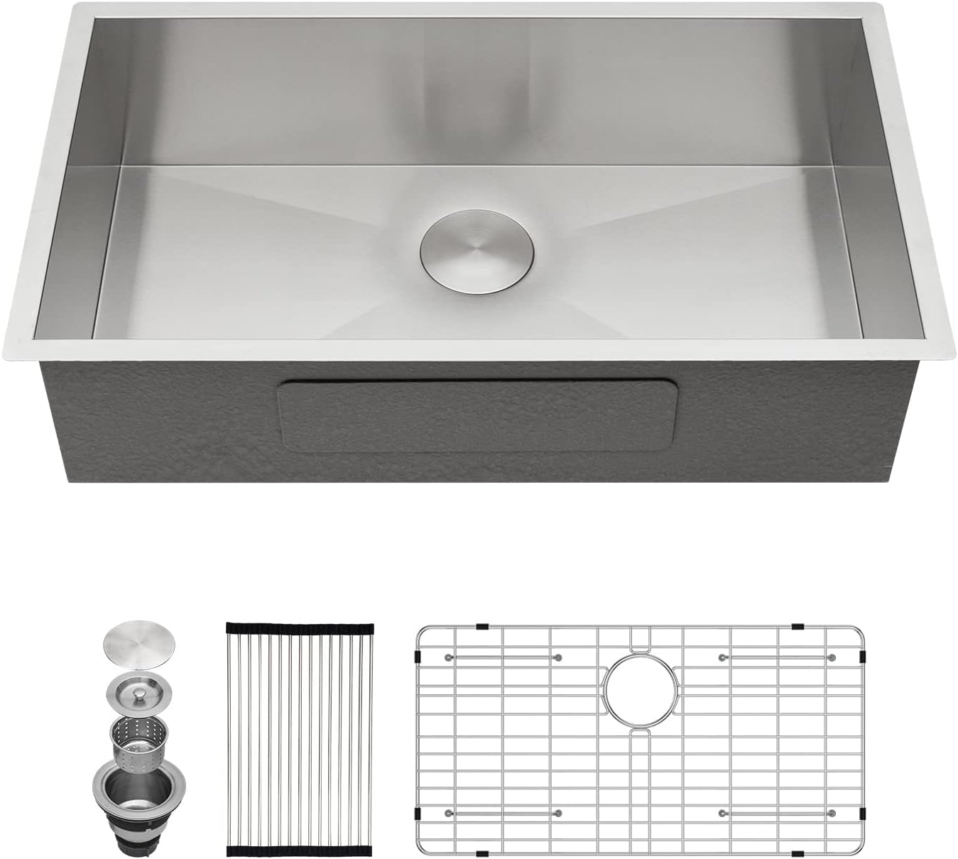 Kichae 32 Inch Undermoun Kitchen Sink Single Bowl Stainless Steel Undermount 18 Gauge Round Corner Handmade Modern Rectangular Under Counter Kitchen Sinks