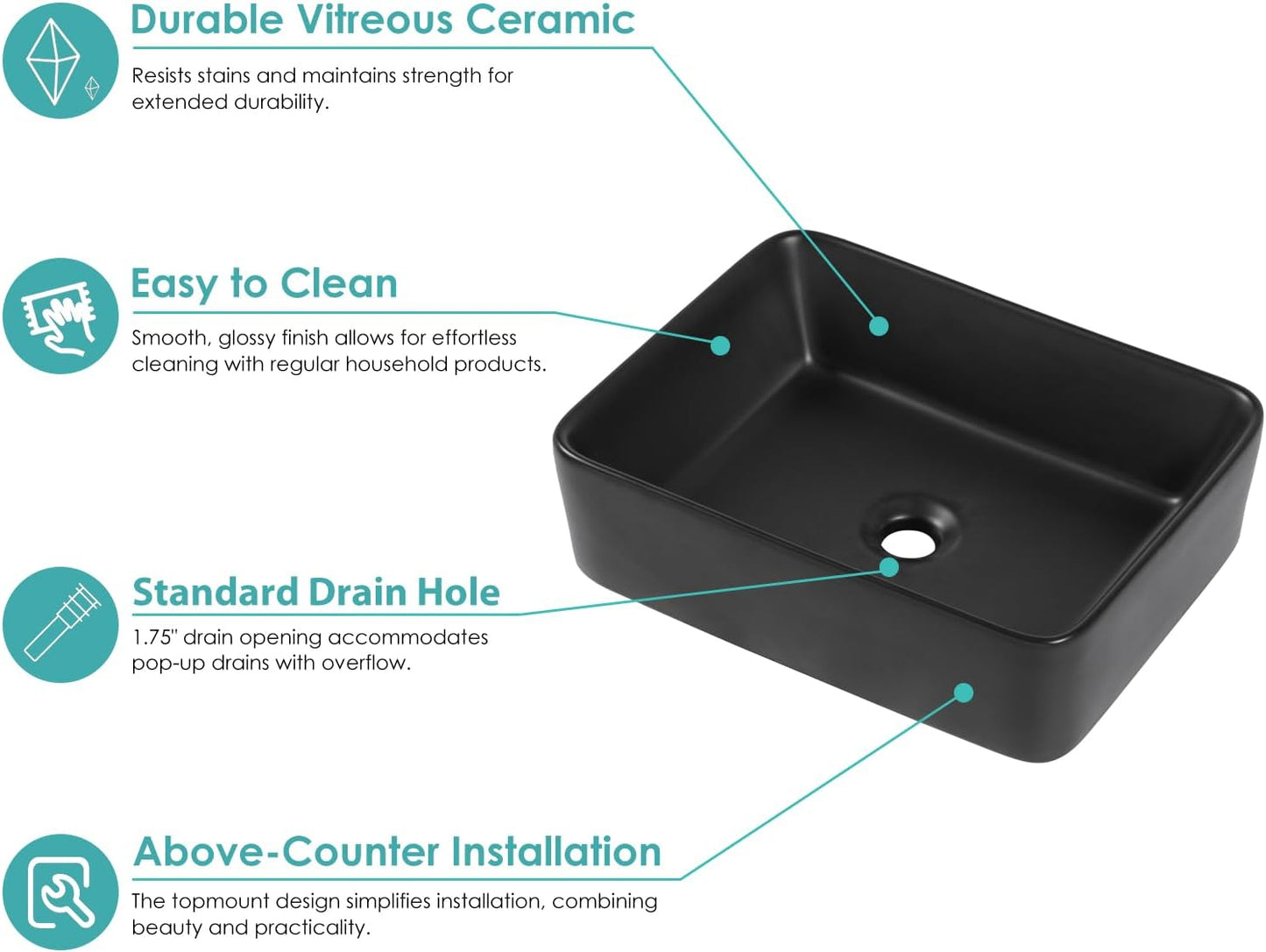 Kichae Vessel Sink Rectangular - 19in x15in  Modern Bathroom Rectangle Above Matte Black Porcelain Ceramic Vessel Vanity Sink Art Basin