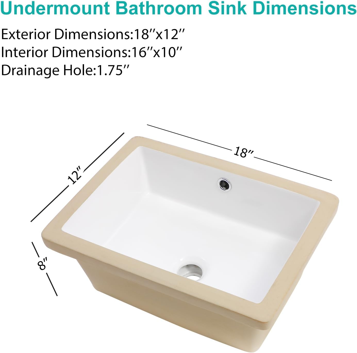 Kichae Undermount Bathroom Sink - 18 x 12 Undermount Bathroom Sink Rectangle Modern White Rectangular Vessel Sink Porcelain Ceramic Lavatory Vanity Bathroom Sink with Overflow