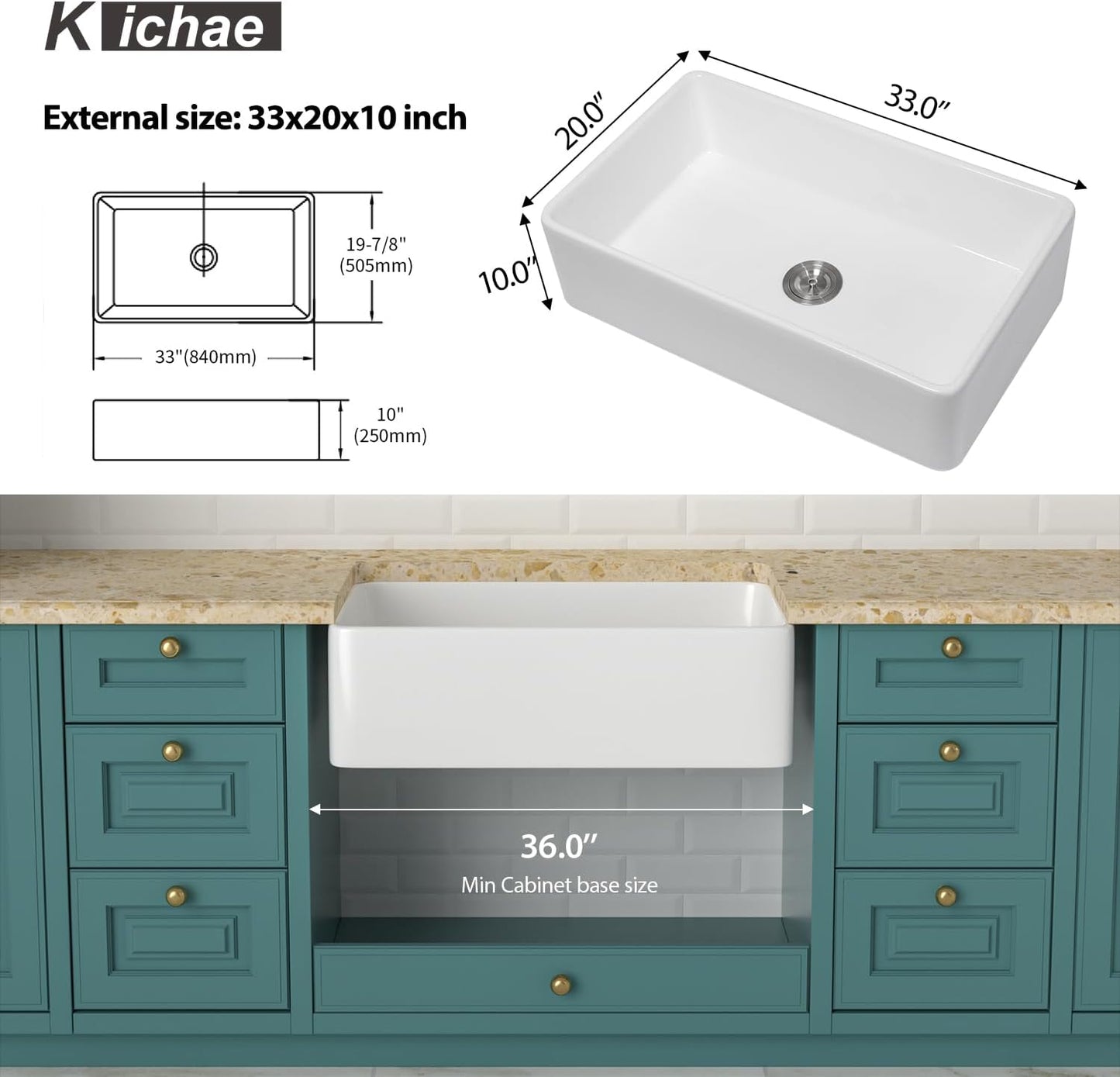 White Farmhouse Sink 33 Inch - Kichae White Farmhouse Sink Farm Sink 33x20 Inch Flat White Apron Front Ceramic Porcelain Fireclay Single Bowl Farmer Sink Basin