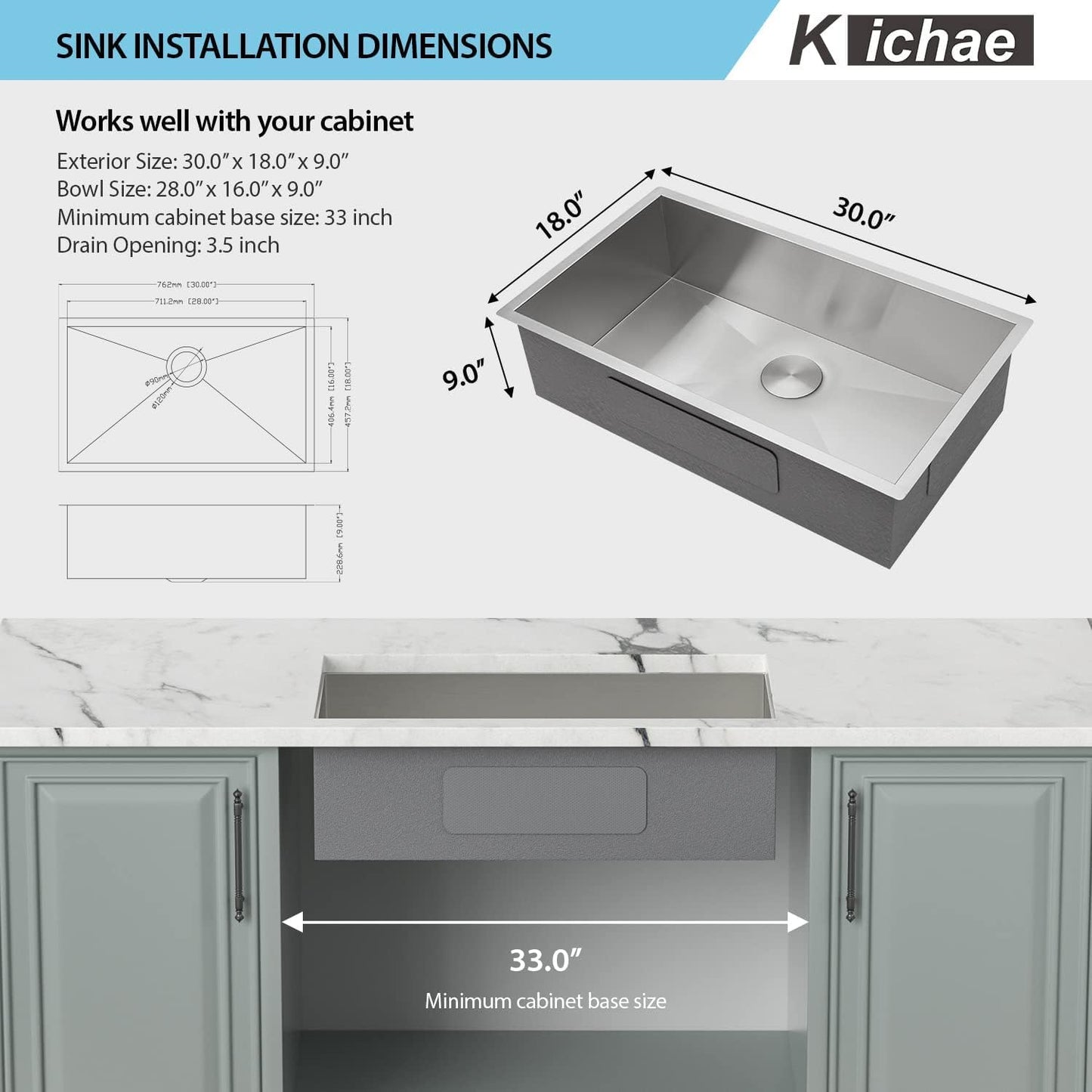 Kichae 30 Inch Undermount Kitchen Sink Single Bowl 18 Gauge Stainless Steel Under Counter Round Corner Handmade Kitchen Sink Single Basin,30x18x9 Inch