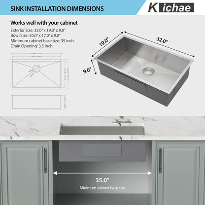 Kichae 32 Inch Undermoun Kitchen Sink Single Bowl Stainless Steel Undermount 18 Gauge Round Corner Handmade Modern Rectangular Under Counter Kitchen Sinks