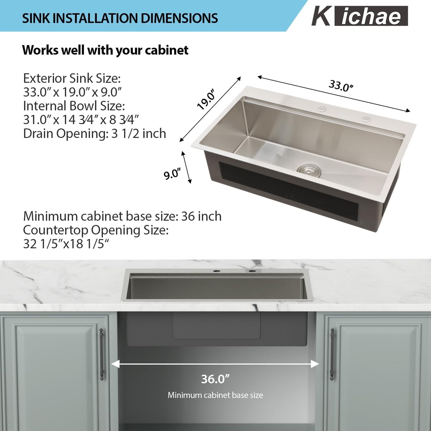 Kichae 33 Inch Drop in Kitchen Sink - 33x19 Drop Sink 16 Gauge Stainless Steel Sink Ledge Workstation Single Bowl Topmount Overmount Kitchen Sink Handmade Basin