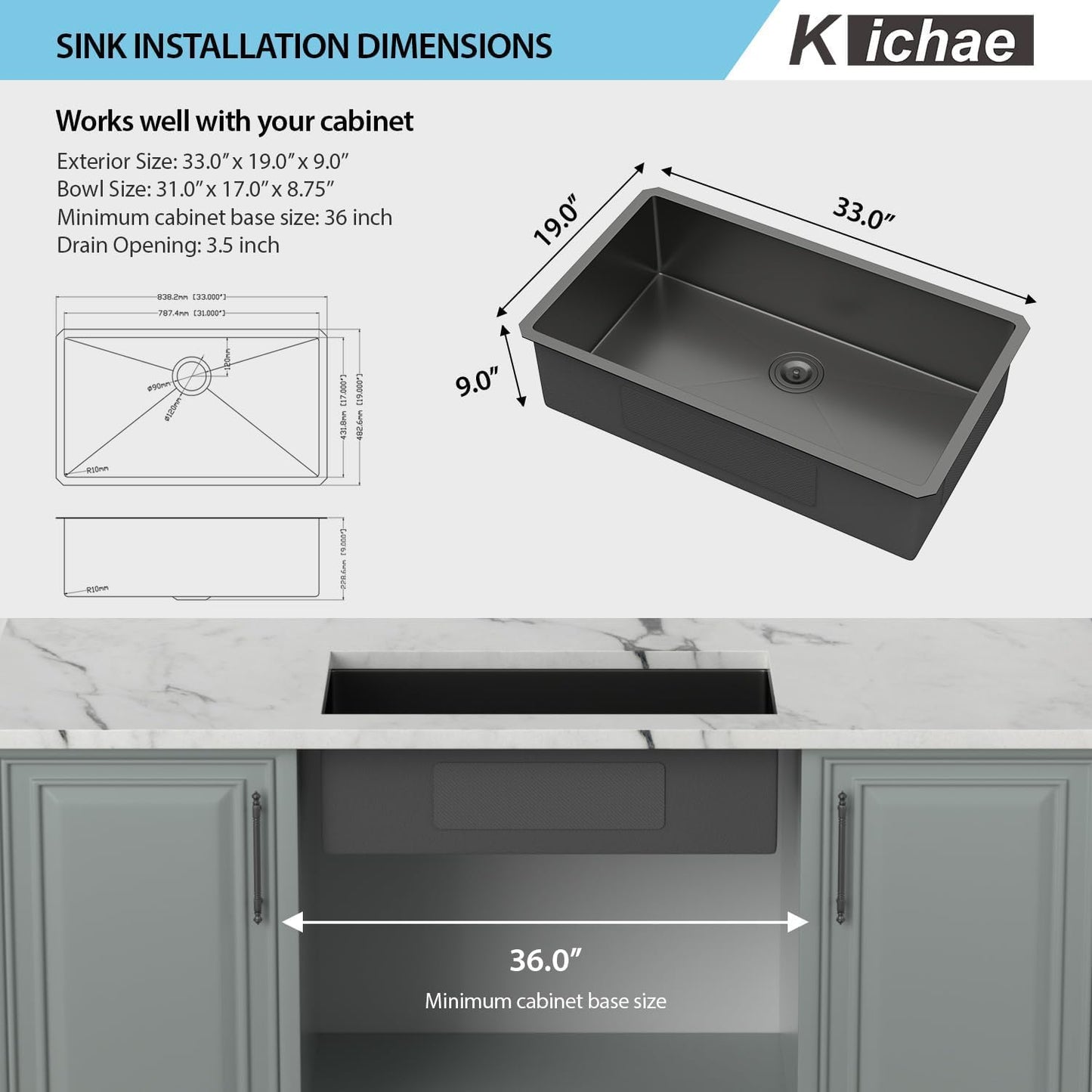 Kichae 33 Black Undermount Kitchen Sink - 33 inch Undermount Sink 16 Gauge Gunmetal Black Stainless Steel Deep Handmade Single Bowl Sink Basin Round Corner