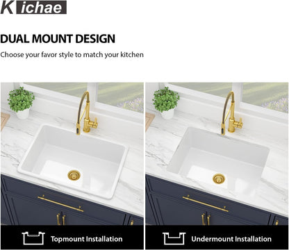 Kichae 27 Inch White Undermount Sink Fireclay 27x19 Inch White Kitchen Sink Dual Drop in & Undermount Kitchen Sink Single Bowl Deep Porcelain Ceramic Sink