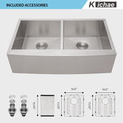 Kichae 36 Apron Double Farmhouse Sink - 36 Inch Apon Front Kitchen Farm Sink Stainless Steel Double Bowl 50/50 Modern Handmade Farmhouse Sink Basin Kichae USA