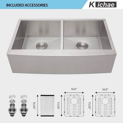 Kichae 36 Apron Double Farmhouse Sink - 36 Inch Apon Front Kitchen Farm Sink Stainless Steel Double Bowl 50/50 Modern Handmade Farmhouse Sink Basin