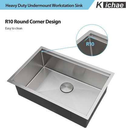 Kichae 28 Kitchen Sink Undermount Stainless Steel - 28x18 Inch Undermount Sink Ledge Workstation Stainless Steel Single Bowl Under Counter Kitchen Sinks Handmade Basin