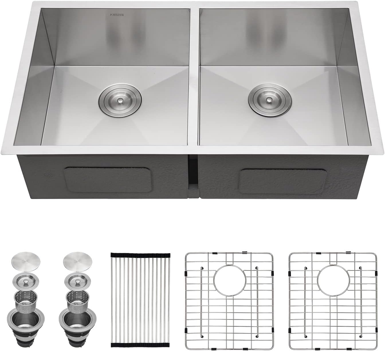 Kichae 33 Inch Undermount Kitchen Sink Double Bowl 50/50 Stainless Steel 18 Gauge Under Counter Kitchen Sink Handmade Basin with Drain Strainer