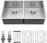 Kichae 33 Inch Undermount Kitchen Sink Double Bowl 50/50 Stainless Steel 18 Gauge Under Counter Kitchen Sink Handmade Basin with Drain Strainer Kichae USA