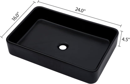 Kichae Black Vessel Sink Rectangle- 24in x16in  Modern Rectangular Top Counter Bathroom Sink Matte Black Porcelain Ceramic Lavatory Sink Bowl Art Basin