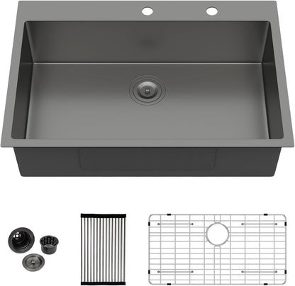 Kichae 33 Inch Black Kitchen Sink Drop In- 33x22 Gunmetal Black Stainless Steel Drop In Kitchen Sink Topmount 16 Gauge Deep Single Bowl Kitchen Sink Basin Handmade Round Corner