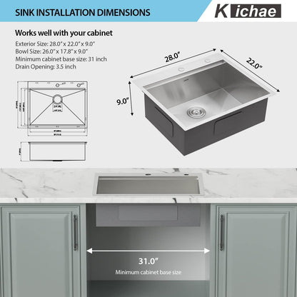 Kichae 28 Kitchen Sink Drop In - 28x22 Inch Drop Sink Workstation Stainless Steel Single Bowl Topmount Overmount Kitchen Sink Handmade Basin