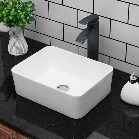 Kichae Vessel Sink Rectangular - 16in x12in  Modern White Bathroom Sink Rectangle Above Counter Porcelain Ceramic Vessel Vanity Sink Art Basin