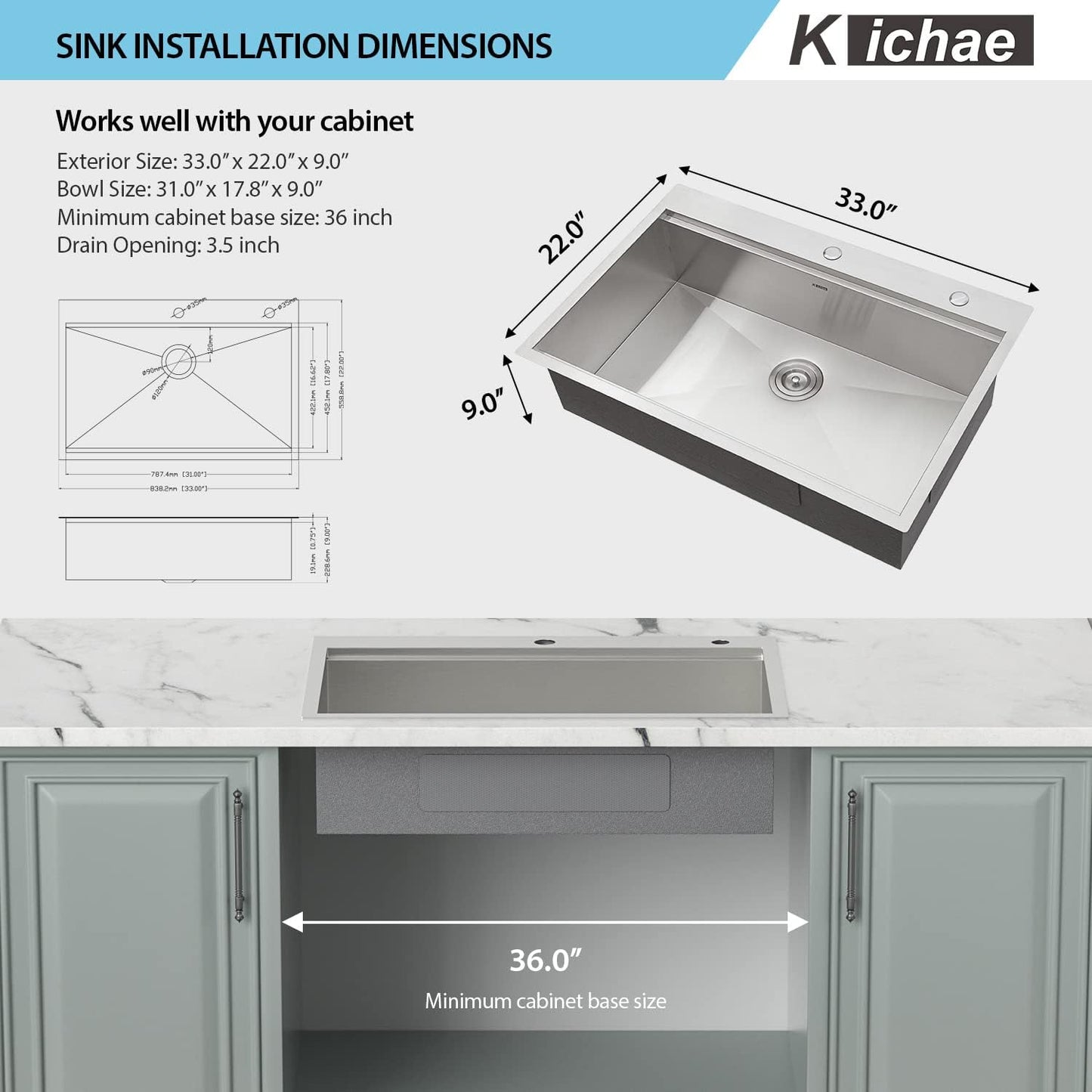 33 Kitchen Sink Drop In, Kichae 33 Inch Kitchen Sink Ledge Workstation Stainless Steel 16 Gauge Topmount Single Bowl Kitchen Sink with Accessories