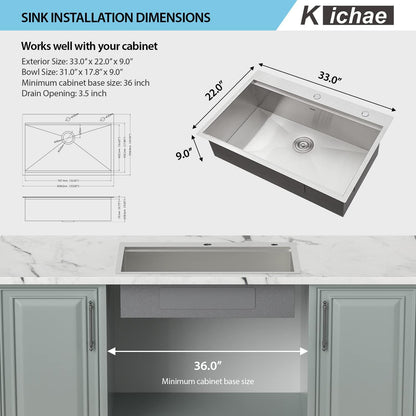 33 Kitchen Sink Drop In, Kichae 33 Inch Kitchen Sink Ledge Workstation Stainless Steel 16 Gauge Topmount Single Bowl Kitchen Sink with Accessories