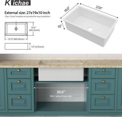 Kichae 27 Inch White Undermount Sink Fireclay 27x19 Inch White Kitchen Sink Dual Drop in & Undermount Kitchen Sink Single Bowl Deep Porcelain Ceramic Sink