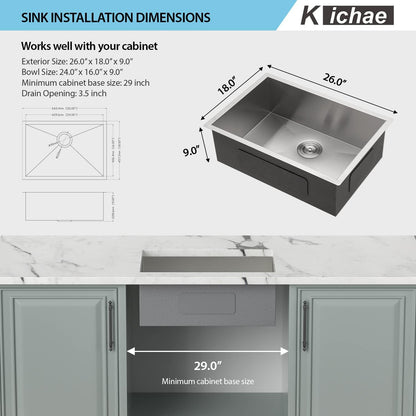 26 Inch Undermount Kitchen Sink, Kichae Undermount Single Bowl Stainless Steel Kitchen Sink 26in  Under Mount Round Corner Kitchen Sinks Deep Basin 26x18x9 Inch